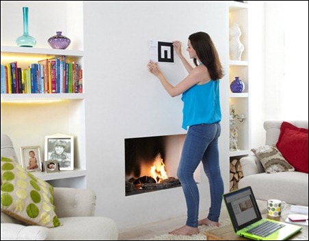 A woman placing the marker on the wall of her living room