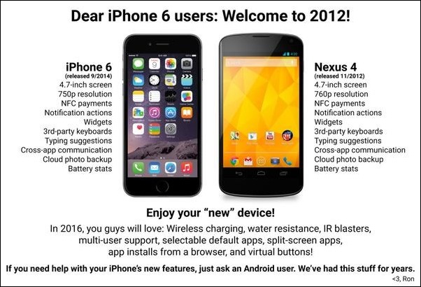 Fans de Android se burlan de Apple: "Dear iPhone 6 users: Welcome to 2012"